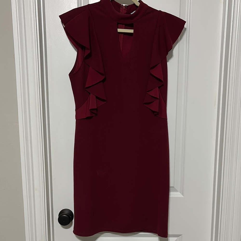 She + Sky Burgundy Ruffle-Trim Mini Dress